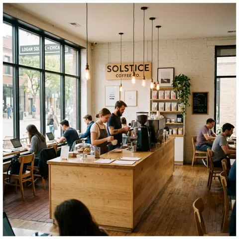 Coffee drinks and a cozy café interior in Logan Square